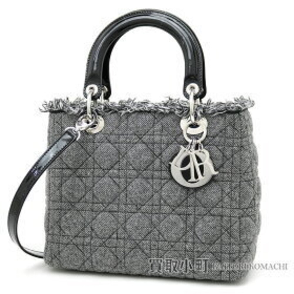 Christian Dior Lady Tweed Handbag Cannage Stitch Gray Black Fringe bag